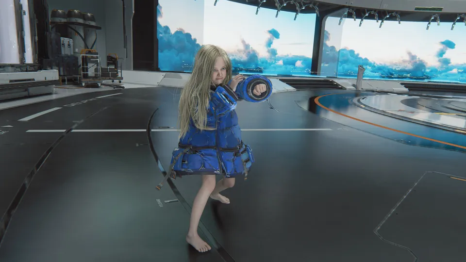 Diana in a puffy blue coat strikes a punching pose on the floor of the lunar facility in Pragmata