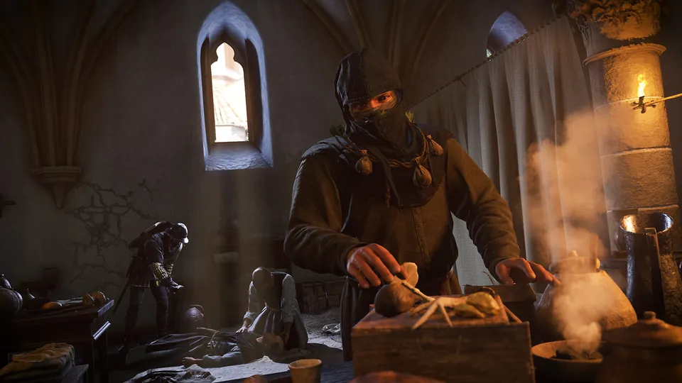 A masked man prepares herbs at a table in a monastery room lit by a narrow window