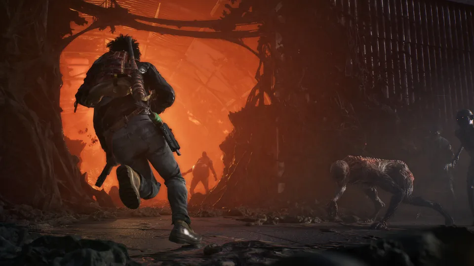 A survivor runs into a glowing, overgrown tunnel full of infected creatures in State of Decay 3