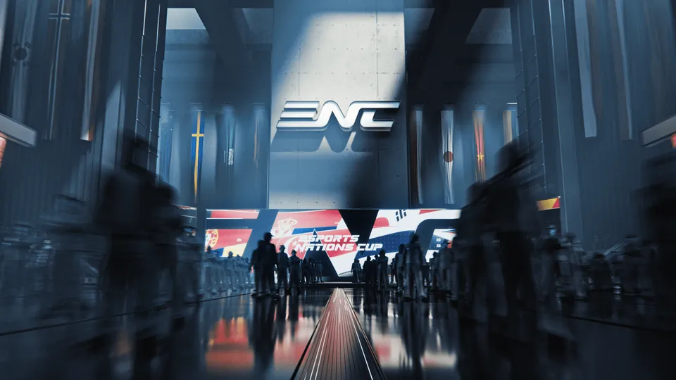 Silhouetted players walking down a dark hall toward an Esports Nations Cup stage with national colors