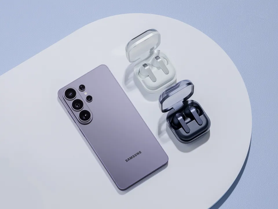 A cobalt violet Galaxy S26 phone next to two open Galaxy Buds4 cases