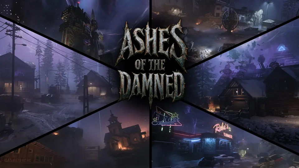A collage of dark, foggy locations from Ashes of the Damned around the map's title logo