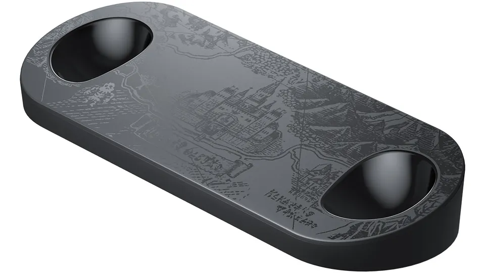 The empty Zelda display stand for the Switch 2 Pro Controller, engraved with a map of Hyrule.