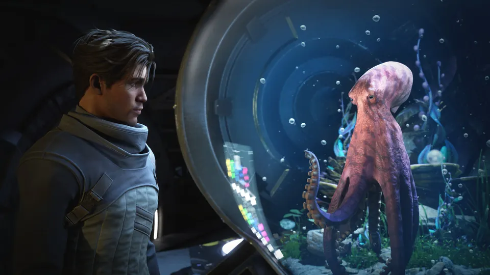 Jun Aslan looks at an octopus swimming inside a glass tank aboard a ship in Exodus