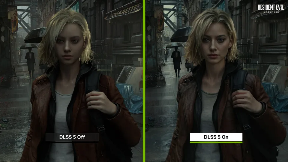Split-screen comparison of a character on a rainy street in Resident Evil Requiem with DLSS 5 off and on