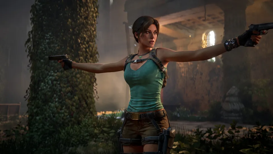 Lara Croft aims both pistols in an overgrown ruin in Tomb Raider: Legacy of Atlantis