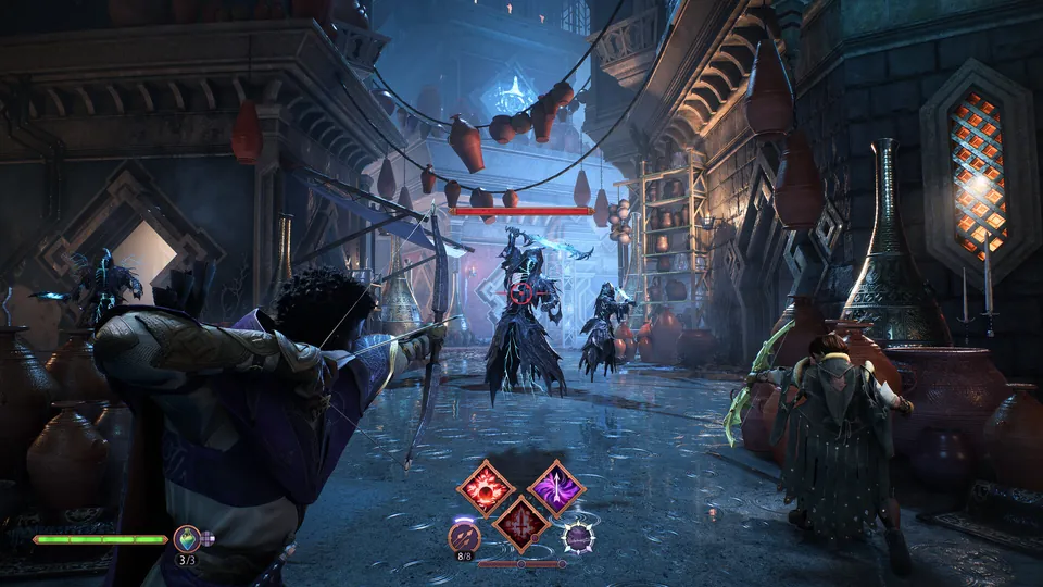 An archer takes aim at armored enemies in a narrow lantern-lit street in Dragon Age: The Veilguard