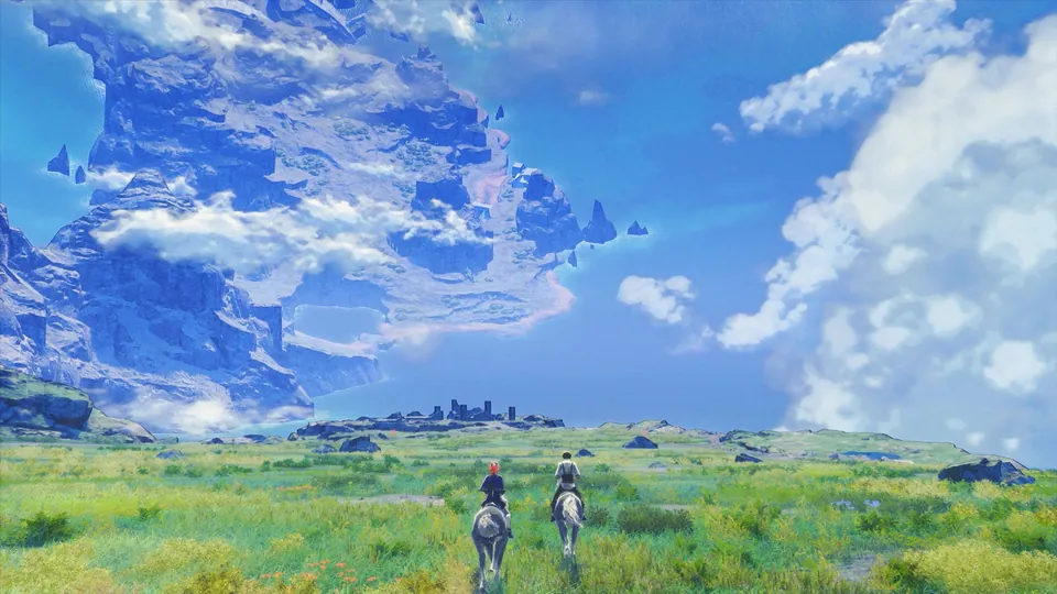 Two riders on mounts cross a wide grassy plain under a bright sky in Xenoblade Genesis