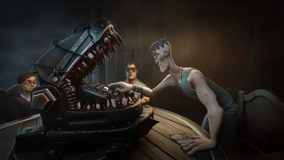Players sit around a table with a mechanical toothed jaw at the center in the co-op horror game Hands Over