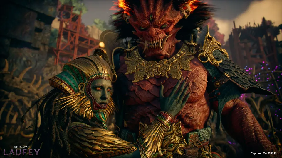 Two gods in golden armor, one green-skinned and one red and demonic
