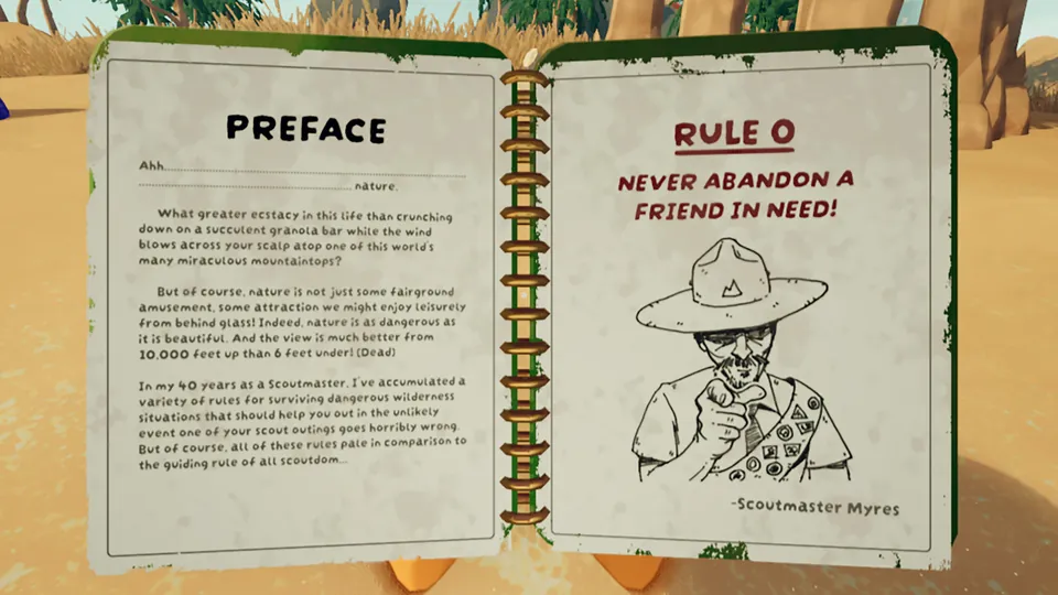A scout handbook in Peak opens on Rule 0, Never abandon a friend in need, beside a drawing of a scoutmaster