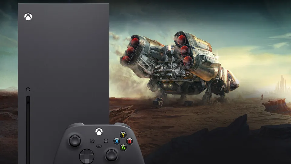 Black Xbox Series X console and controller next to a spaceship parked on a desert planet