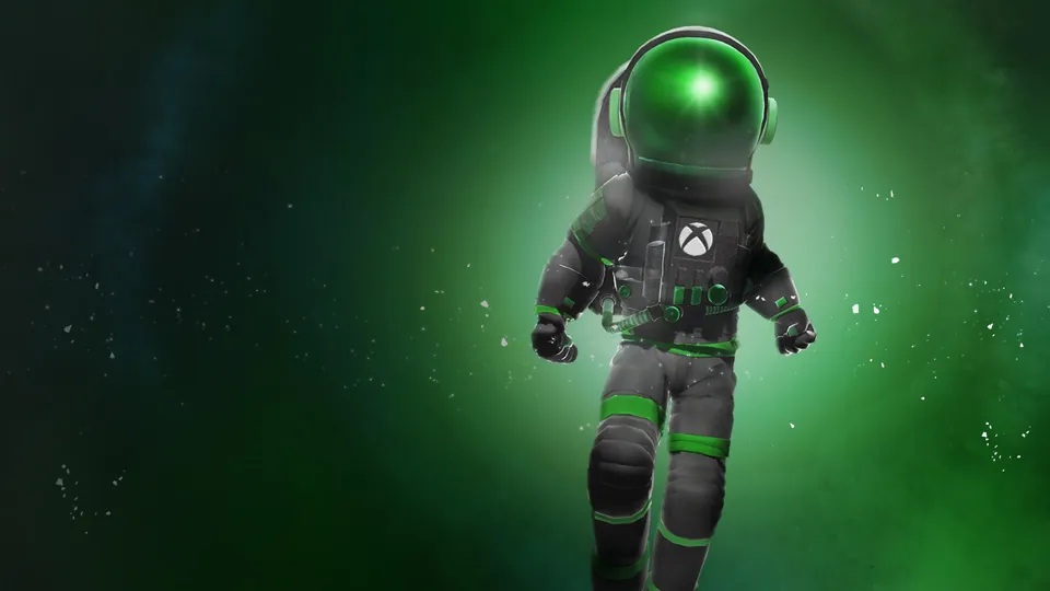 Xbox Insider Hub artwork of an astronaut in a black and green spacesuit with the Xbox logo on the chest