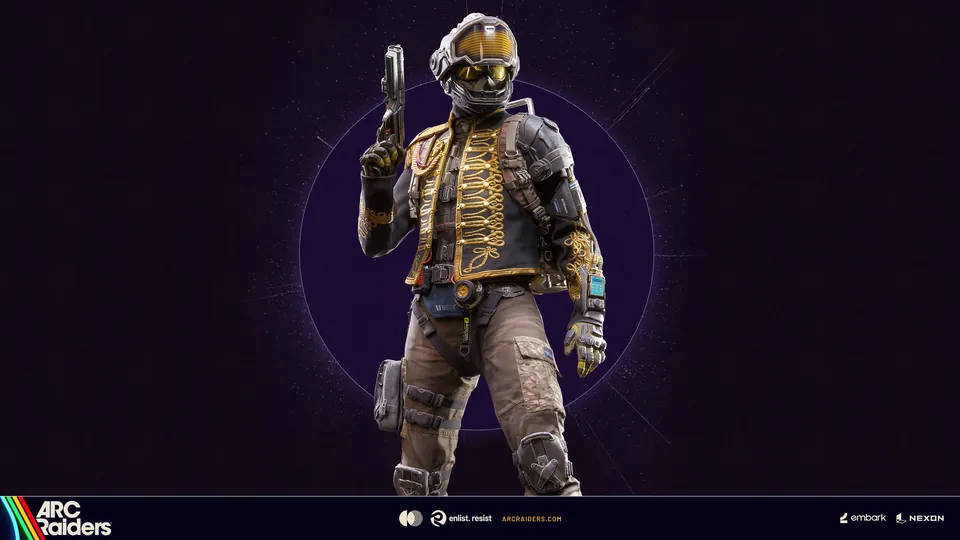 A Raider in a gold-trimmed jacket and helmet holds a pistol in ARC Raiders