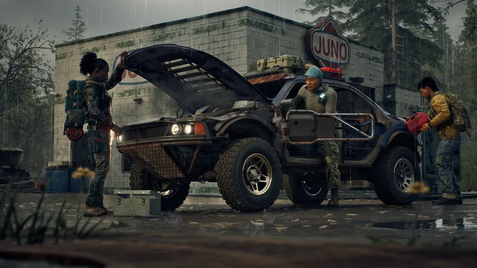 Three survivors repair an armored car at a gas station in the rain in State of Decay 3