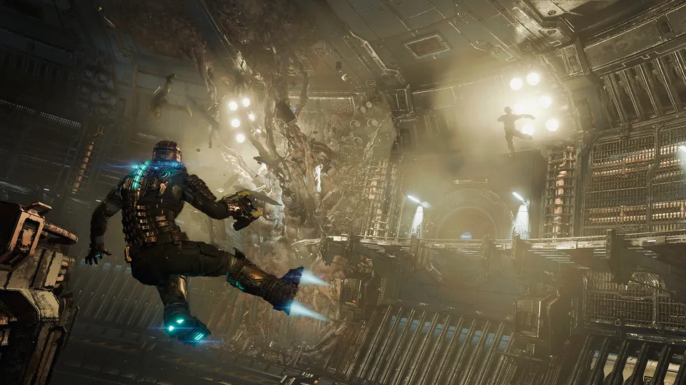 Isaac Clarke floats in zero gravity through a ruined section of the USG Ishimura in the Dead Space remake