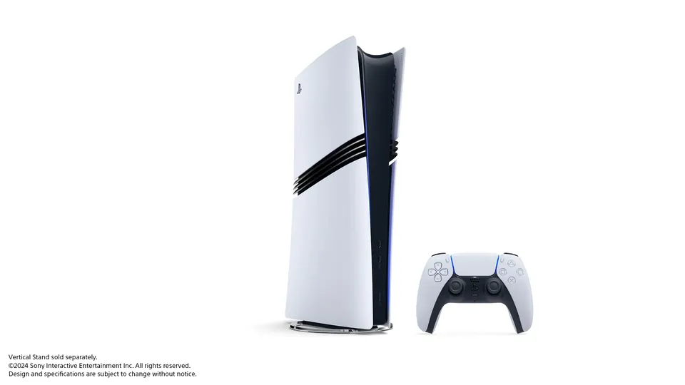 The white PS5 Pro on a vertical stand beside a DualSense controller.
