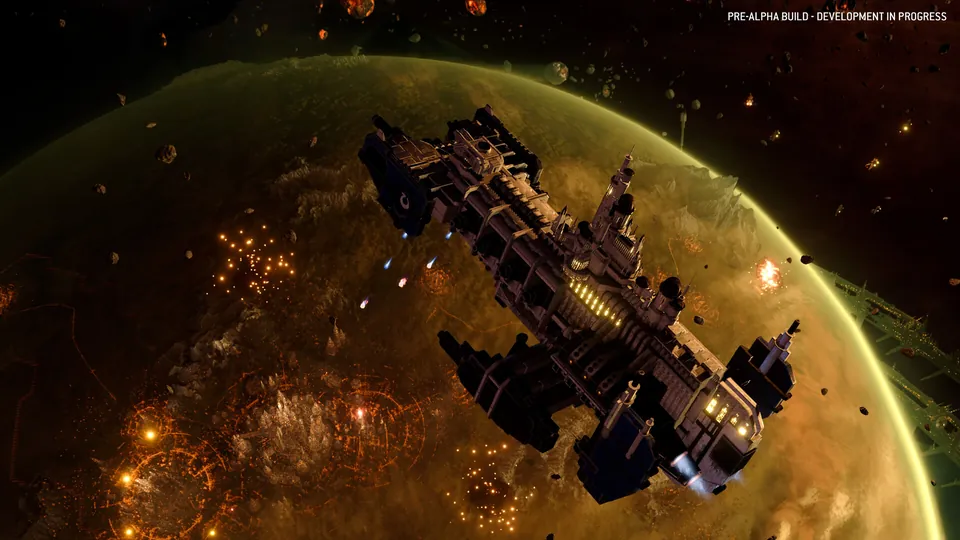An Imperial warship above an orange planet in Total War: Warhammer 40,000