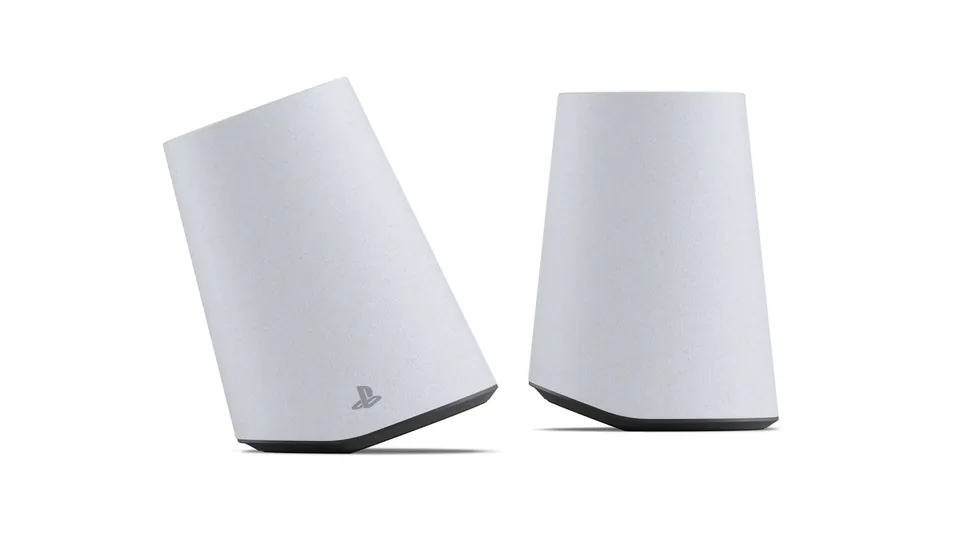 Two white Pulse Elevate speakers, the left one tilted on its angled base and the right one standing upright