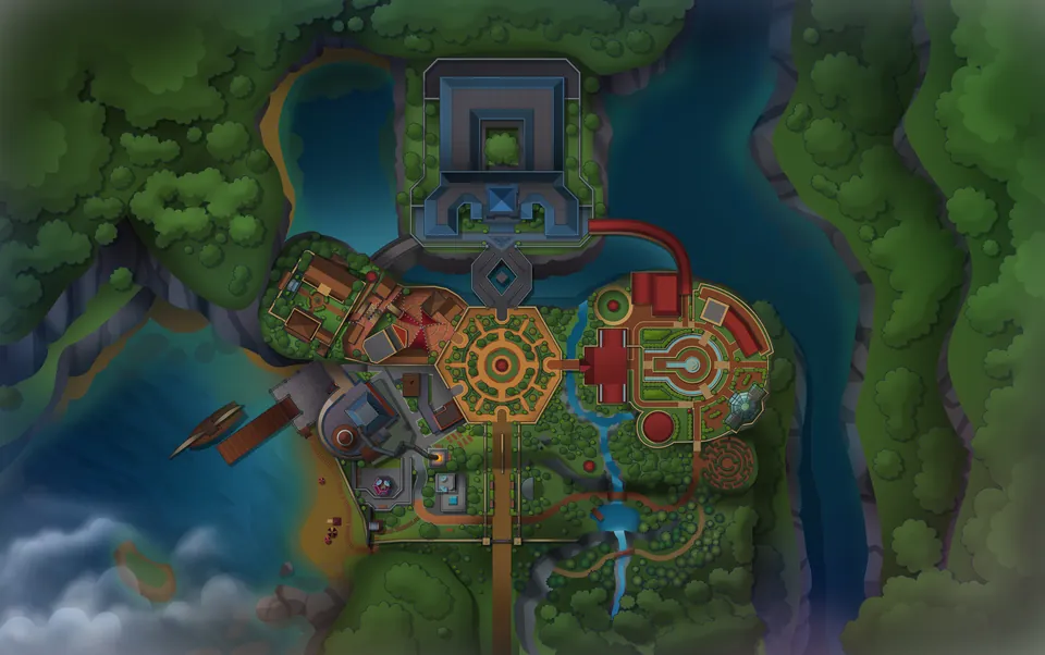 Escape Academy 2 campus map seen from above, with towers, gardens, a lake and paths linking each section of the Academy