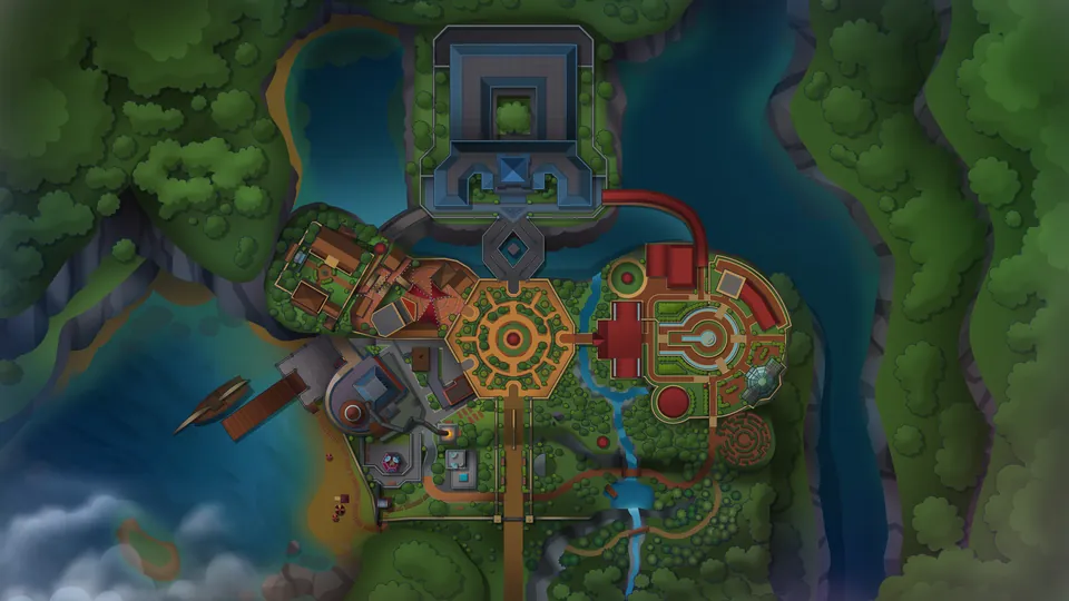 Escape Academy 2 campus map seen from above, with towers, gardens, a lake and paths linking each section of the Academy