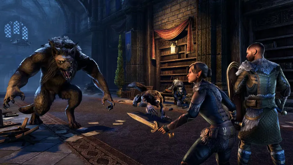 Two ESO players with a dagger and a shield face a werewolf and its pack in a Wolfhunter dungeon hall