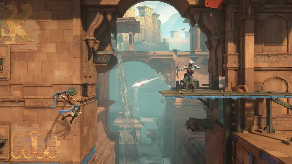 Sargon runs along a palace wall above a bridge in Prince of Persia: The Lost Crown