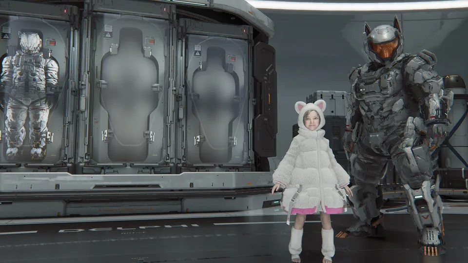 Hugh in the gray Lunar Cat armor with cat ears stands next to Diana in the white Fluffy coat in Pragmata's Shelter