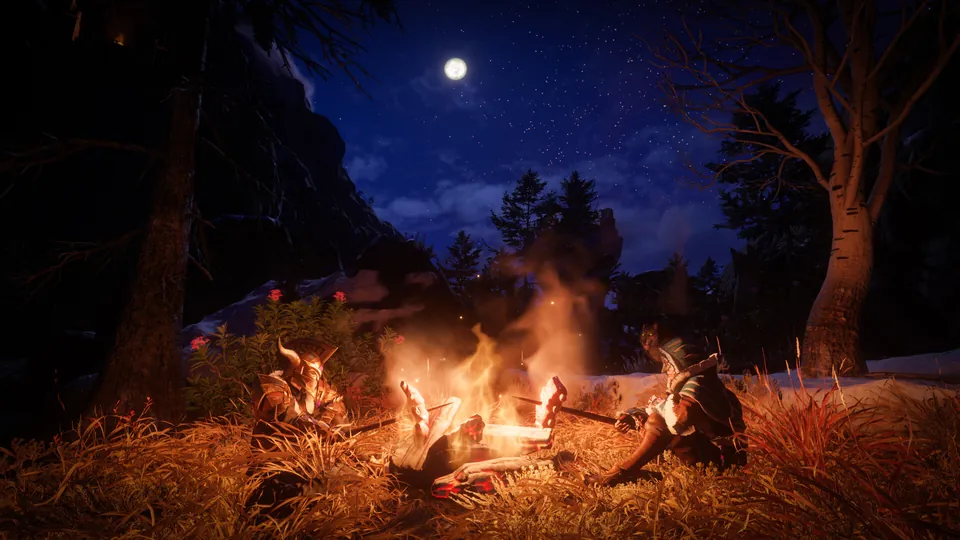 Two Enshrouded players resting by a campfire under a full moon