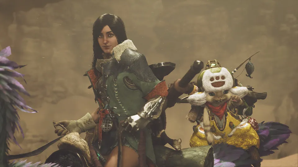 A hunter and a Palico ride through a sandstorm in a story scene from Monster Hunter Wilds