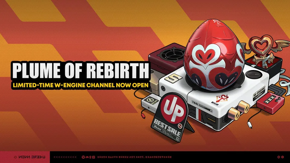 Plume of Rebirth W-Engine channel banner with a red heart-patterned egg on a boxy gadget in Zenless Zone Zero