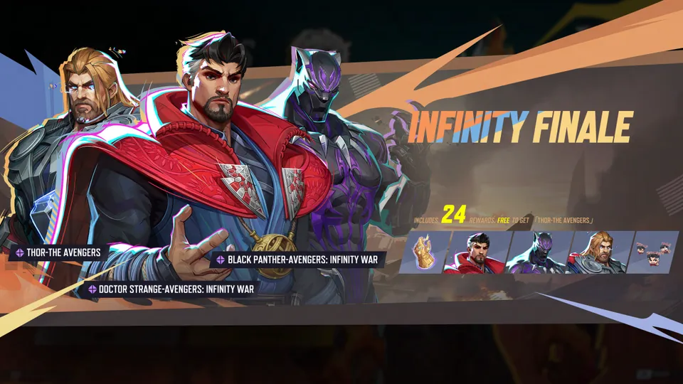 Infinity Finale event art with Thor, Doctor Strange and Black Panther costumes in Marvel Rivals