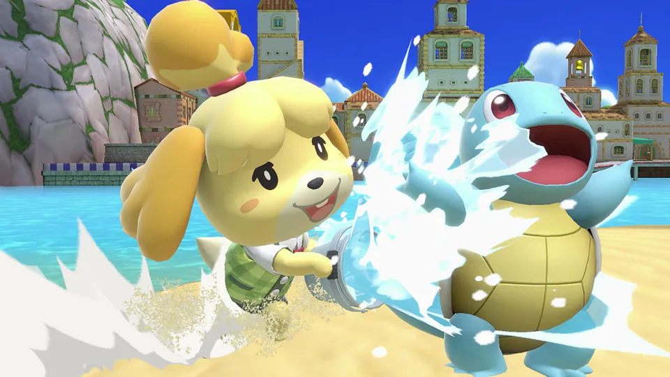 Isabelle swings at Squirtle as water splashes on a sunny stage in Super Smash Bros. Ultimate