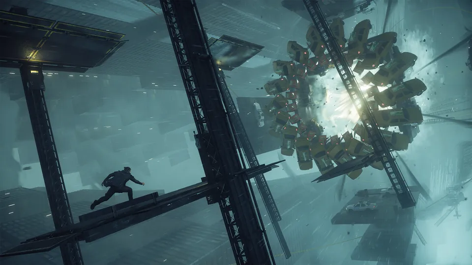 A figure runs along a steel beam beneath a swirling ring of floating cars and debris in Control Resonant