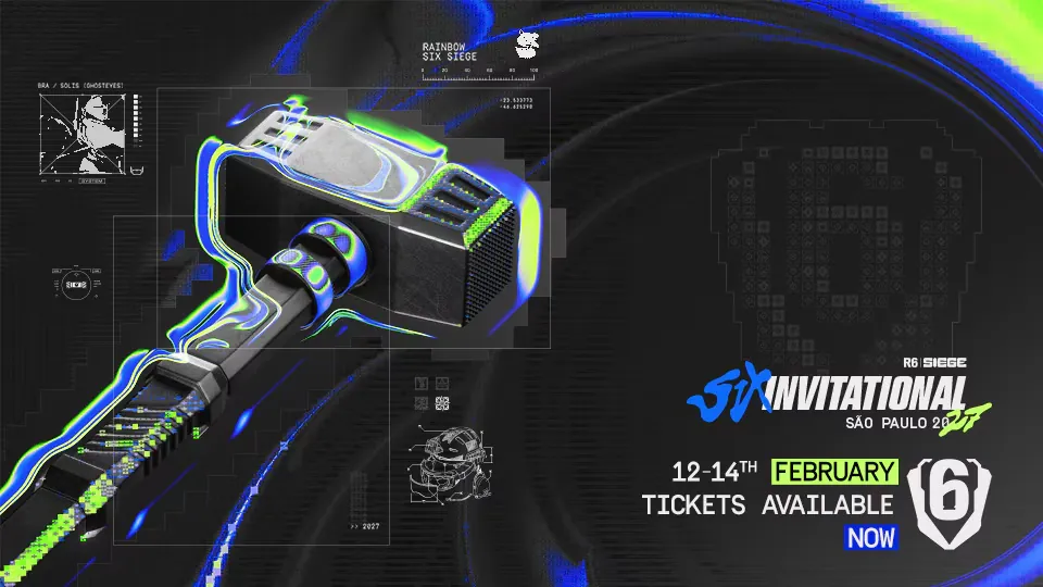 Six Invitational 2027 São Paulo ticket poster with the event hammer trophy and the Feb. 12 to 14 dates
