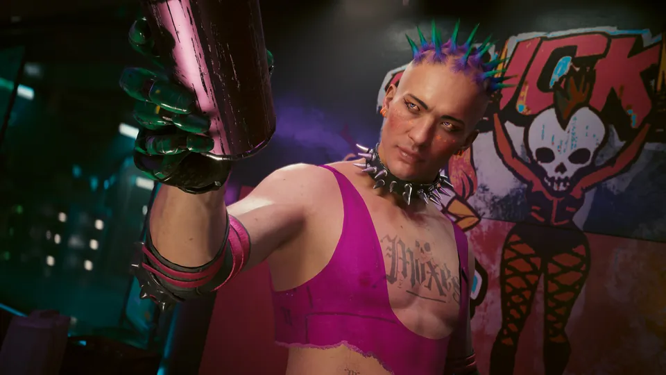 Cyberpunk 2077 punk with a purple mohawk tipped in green, a pink top and a spiked collar holding a pink can beside a skull mural
