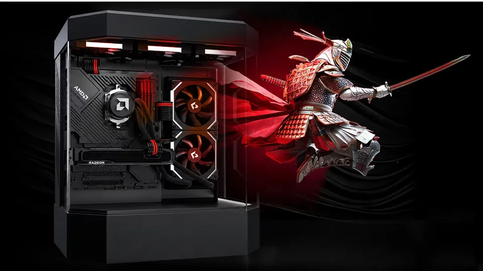 Gaming PC with an AMD Radeon graphics card and red-lit fans beside a leaping samurai in red armor