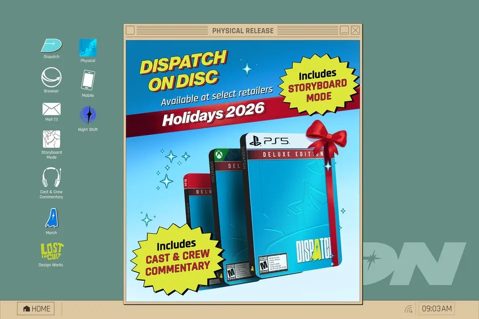 Dispatch physical Deluxe Edition boxes for PS5, Xbox and Switch 2 with a Holidays 2026 banner and the included modes