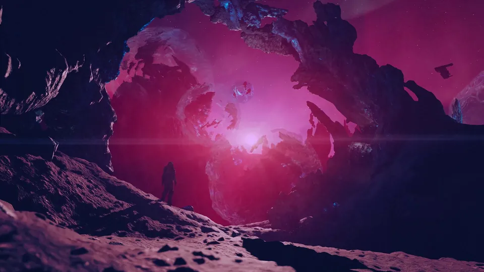 A lone figure stands before a swirling magenta vortex in a rocky alien landscape in Starfield's Shattered Space.