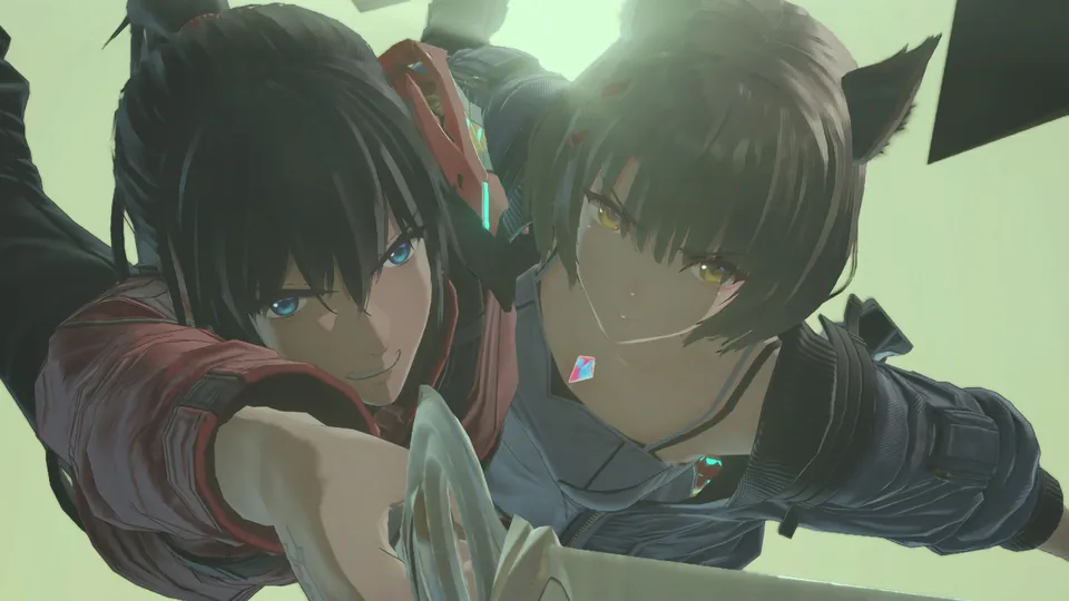 Two fighters, one with cat ears, dive forward side by side with blades drawn against a pale green sky in Xenoblade Chronicles 3