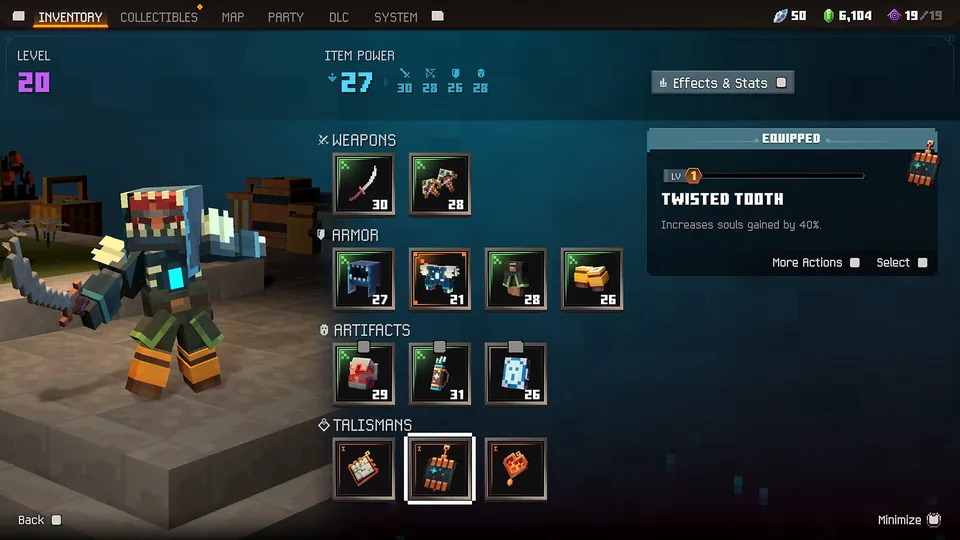 The inventory screen of Minecraft Dungeons II shows a hero's weapons, armor, artifacts and talismans, with a DLC tab in the top menu