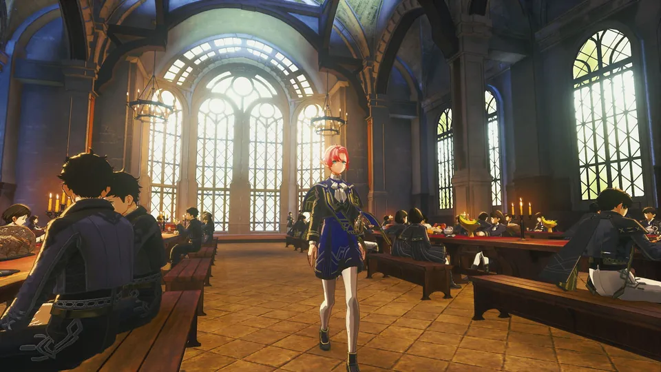 A grand hall with tall arched windows and long tables full of people in Xenoblade Genesis