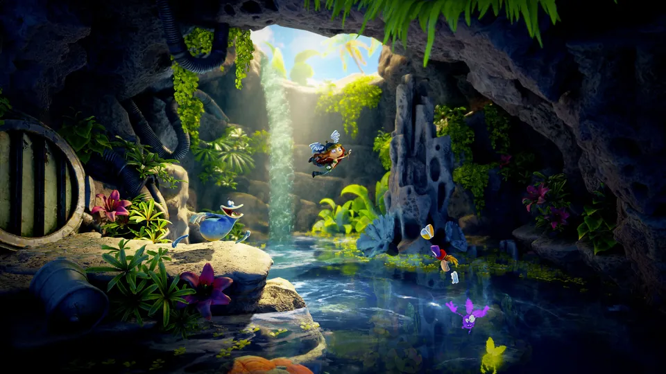 Rayman and friends glide through a cave with a waterfall, a clear pond and lush plants in Rayman Legends Retold