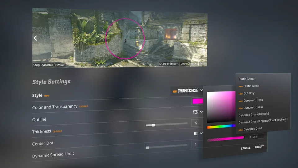 The Crosshair/Scopes settings tab in CS2 with a color picker and the Dynamic Circle style