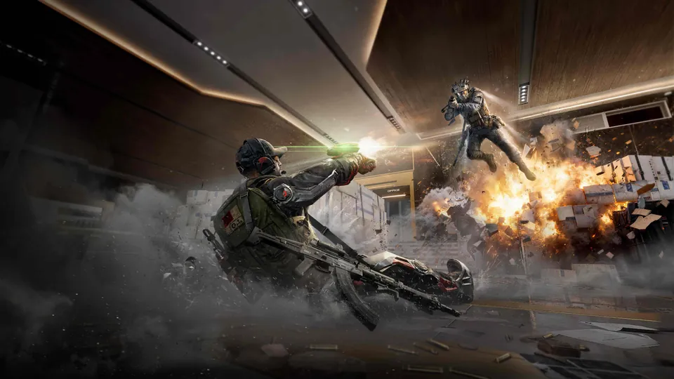 A Delta Force operator sliding backward while firing a pistol with a green laser, as another leaps through an explosion in an office