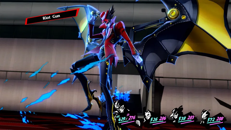 A Phantom Thief in a long coat fires a riot gun at a flying enemy in a turn-based battle