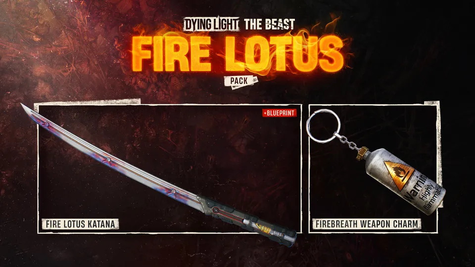 Fire Lotus pack art showing the Fire Lotus Katana and the Firebreath weapon charm for Dying Light: The Beast.