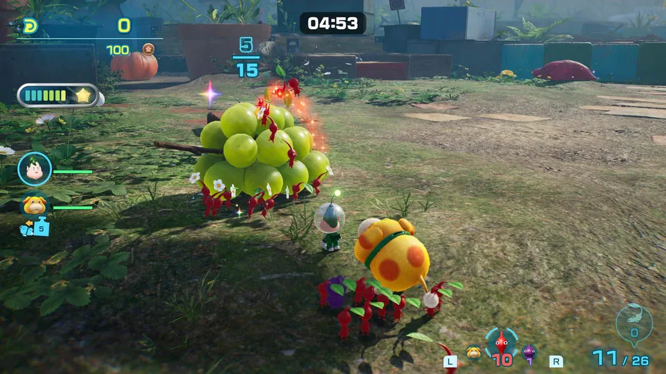 A timed Dandori challenge shows Red Pikmin carrying a bunch of grapes with a countdown clock on screen