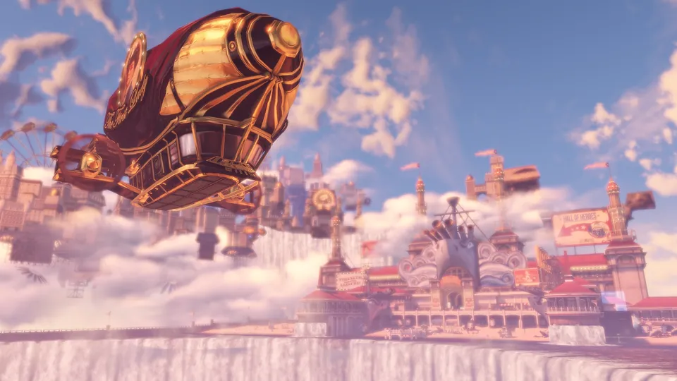 A golden airship floats past the buildings of Columbia, a city in the clouds, in BioShock Infinite