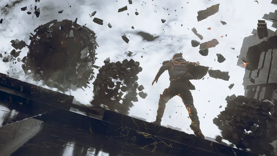 A figure stands on a ledge as huge chunks of rock and debris float in a white void in Control Resonant